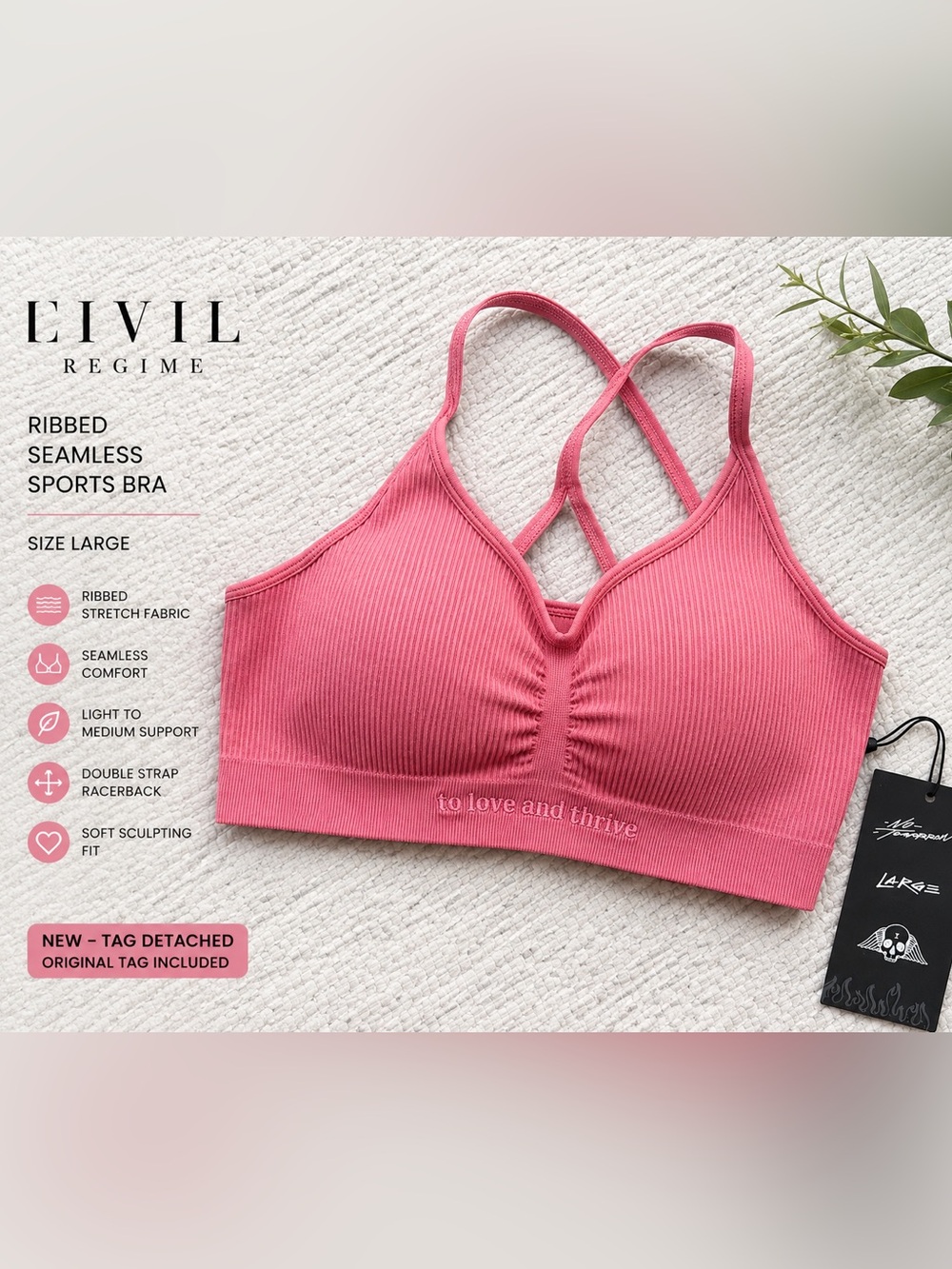 Civil Regime Ribbed Seamless Sports Bra Coral Pink Sz Large NWT